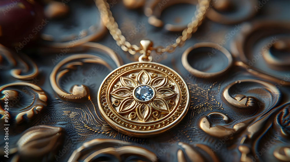 Obraz premium Golden Pendant with Blue Gemstone on Ornate Background - Illustration