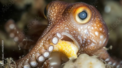 Close-up of a Brown and White Spotted Octopus Eating Prey photo