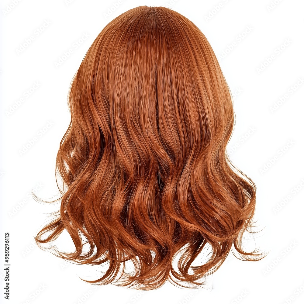 A medium-length wavy wig for women, in a light auburn shade, isolated on a white background A medium-length wavy wig for women, in a light auburn shade, isolated on a white background