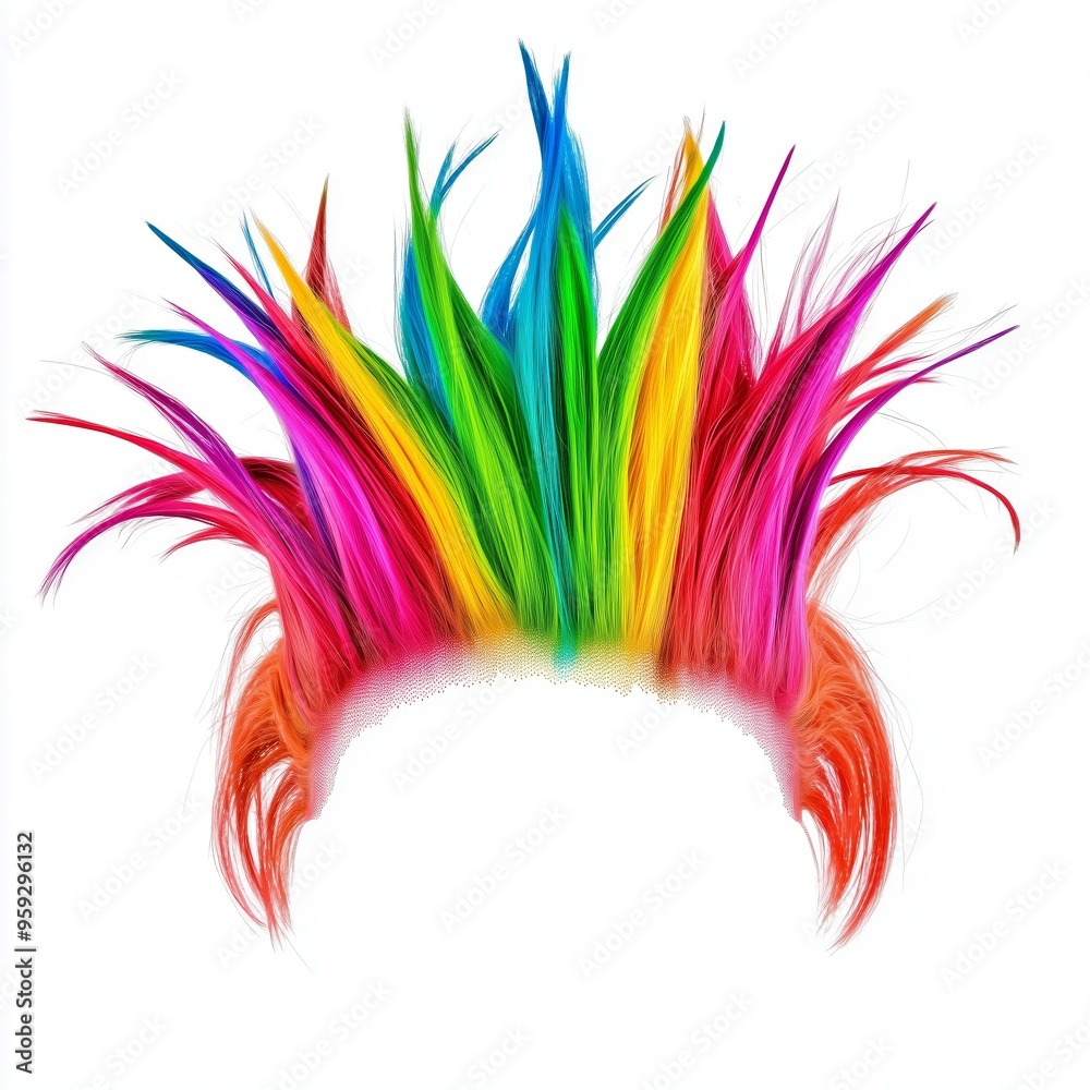 A whimsical rainbow mohawk wig for children, with vibrant colors and playful spikes, isolated on a white background A whimsical rainbow mohawk wig for children, with vibrant colors and playful spikes, isolated on a white background