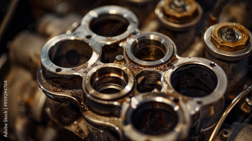 Combustion Chamber of an Engine Valves Covered in Carbon Deposits Cylinder Head of a Four Stroke Motorcycle Engine Combustion Chamber of an Engine Valves Covered in Carbon Deposits Cylinder Head of a Four Stroke Motorcycle Engine