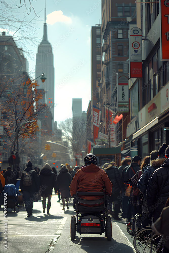 Fototapeta premium A man in a wheelchair is riding down a busy city street