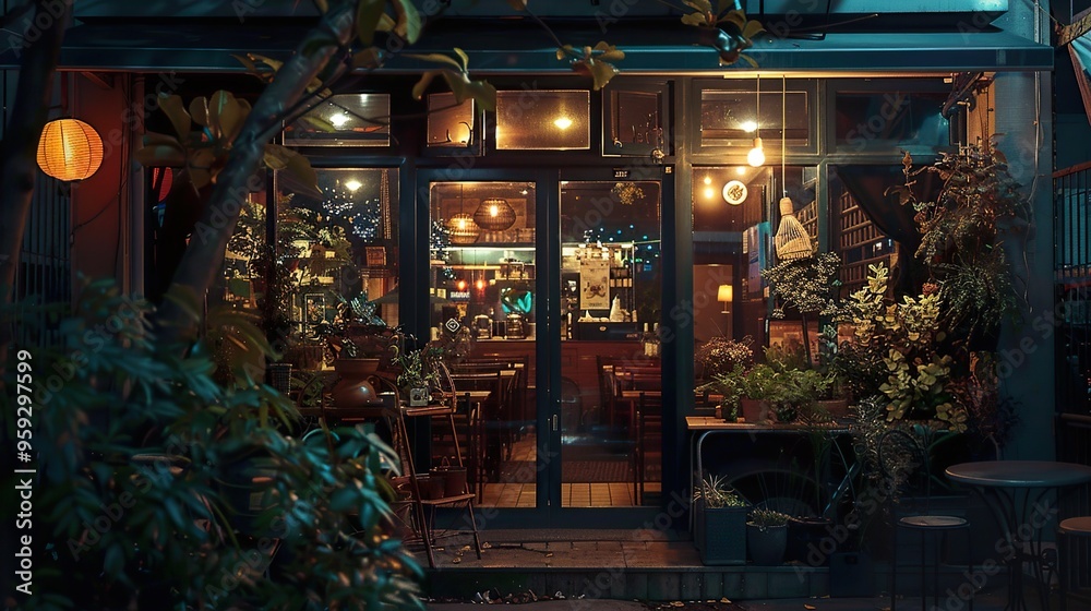 A cozy cafe with warm lights and lush greenery at night. A cozy cafe with warm lights and lush greenery at night.