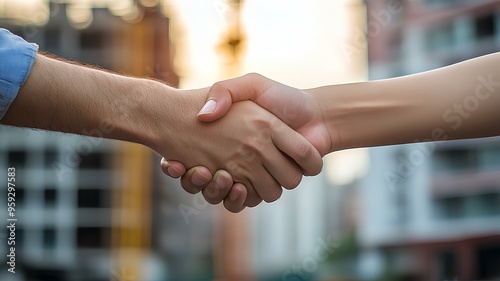 hands shaking hands with construction project background