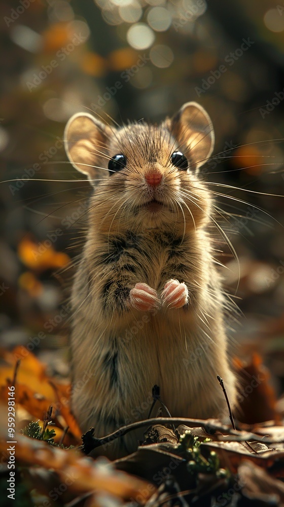 A small, brown mouse stands on its hind legs in a forest setting, looking up at the camera with wide eyes. A small, brown mouse stands on its hind legs in a forest setting, looking up at the camera with wide eyes.