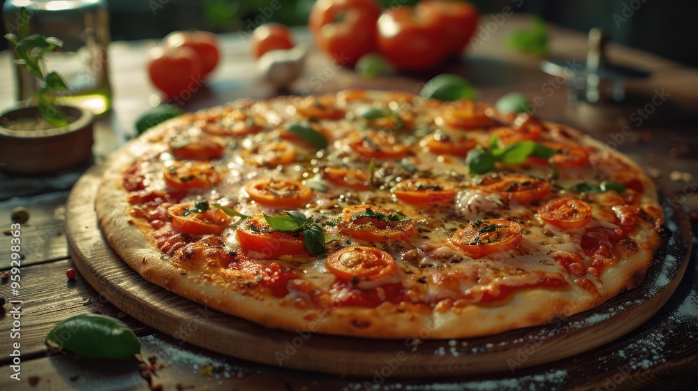 A large homemade pizza with a variety of toppings on it, ready to be served and enjoyed. A large homemade pizza with a variety of toppings on it, ready to be served and enjoyed.