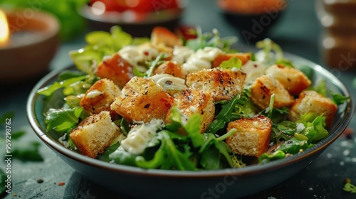 A delicious looking salad with croutons on a plate,