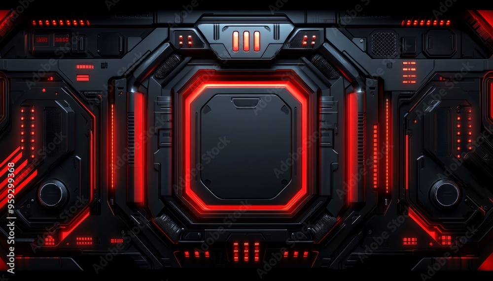 Futuristic Black Panel with Red Neon Lights and Geometric Shapes Futuristic Black Panel with Red Neon Lights and Geometric Shapes