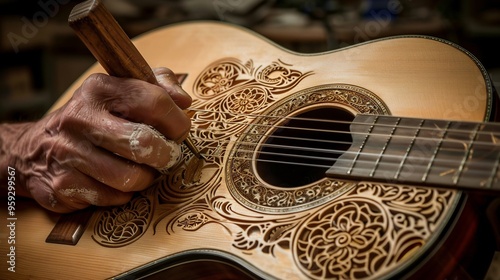 Luthier carving guitar's rosette inlay integrating intricate designs into the sound hole photo