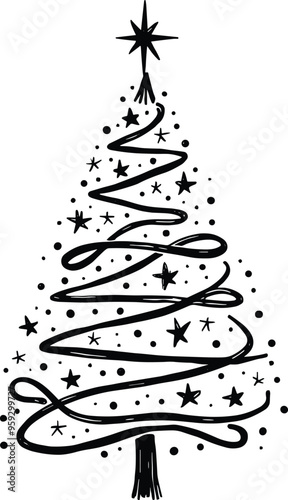 Christmas Tree Doodle Hand Drawn Vector Illustration Black and White silhouette with stars