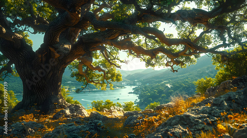 Majestic Oak Tree Overlooking a Serene Bay Illustration photo