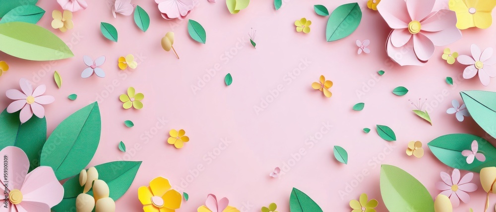Paper Flower and Leaf Arrangement on a Pink Background Paper Flower and Leaf Arrangement on a Pink Background