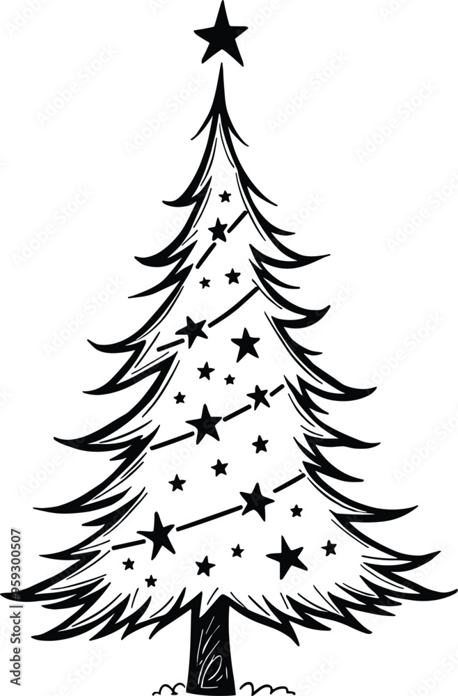 Christmas Tree Doodle Hand Drawn Vector Illustration Black and White silhouette with stars Christmas Tree Doodle Hand Drawn Vector Illustration Black and White silhouette with stars