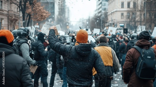 Urban chaos - riots with protesters clashing in city streets amid fire and smoke, depicting scene of emergency, violence, with police controlling situation during a major upheaval. photo