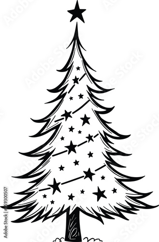 Christmas Tree Doodle Hand Drawn Vector Illustration Black and White silhouette with stars