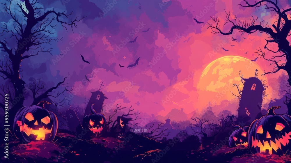 a digital illustration depicting a fantastical and eerie Halloween night scene. a digital illustration depicting a fantastical and eerie Halloween night scene.