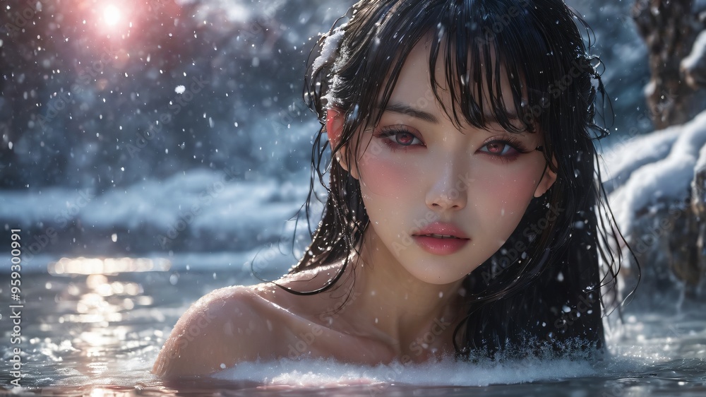semi realistic artwork close up beautiful japanese or asian women under the rains and snow with cool background semi realistic artwork close up beautiful japanese or asian women under the rains and snow with cool background
