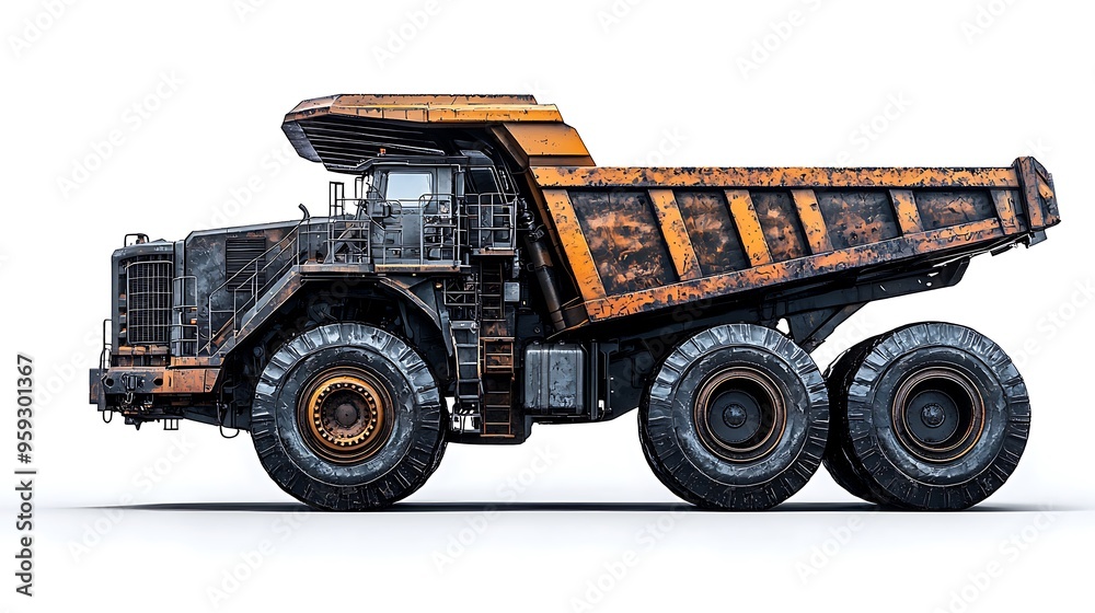 An industrial heavy-duty dump truck displayed against a clean white background, emphasizing its strength. An industrial heavy-duty dump truck displayed against a clean white background, emphasizing its strength.