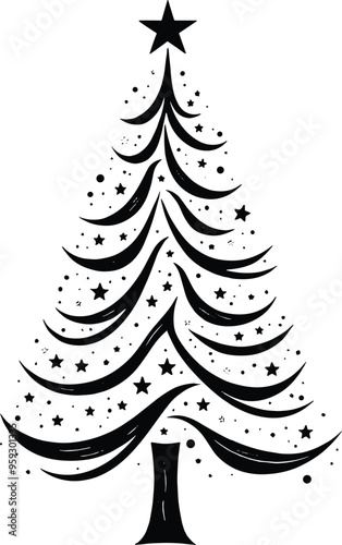 Christmas Tree Doodle Hand Drawn Vector Illustration Black and White silhouette with stars