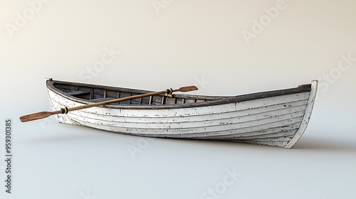 A vintage wooden rowboat with oars, isolated against a white background, evoking timeless simplicity. photo