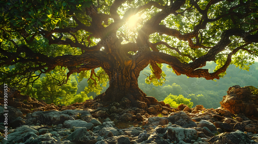Sunlight Through Ancient Oak Tree Branches, Photo Sunlight Through Ancient Oak Tree Branches, Photo