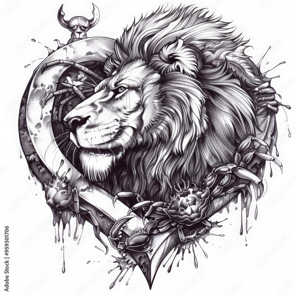 Obraz premium lion, crab, heart, vector, animal, head, lion, tattoo, cat, face, illustration, wild, art, logo, design, black, tribal, mammal, silhouette, predator, feline, symbol, power, drawing, mascot, wildlife, 