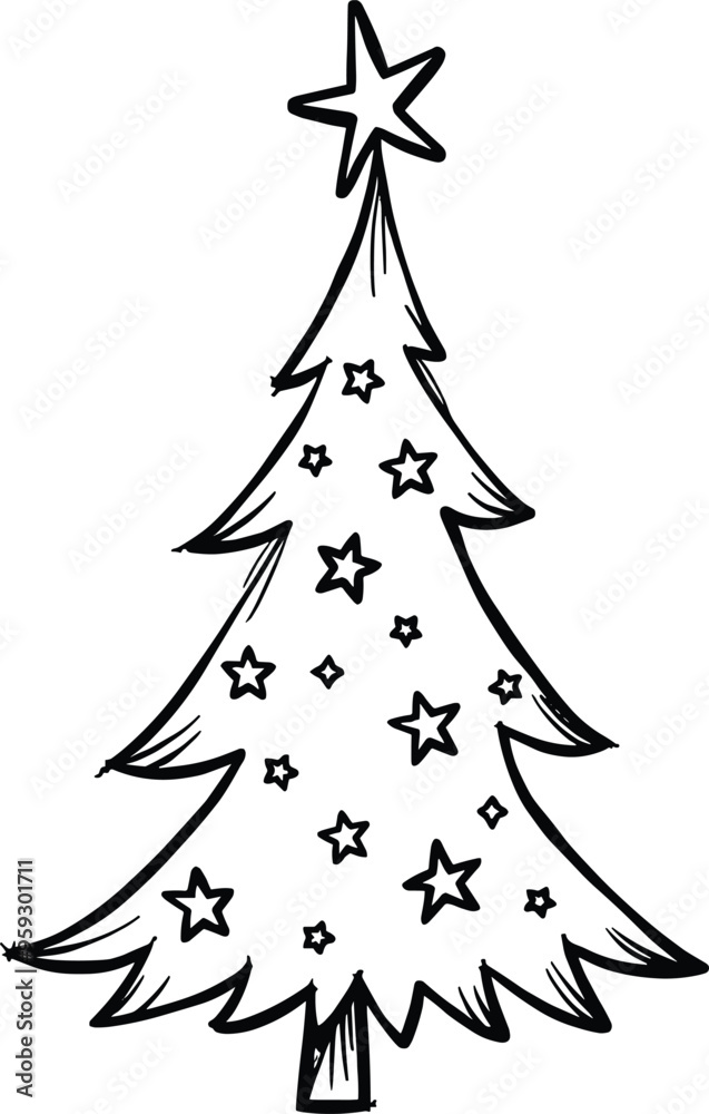 Christmas Tree Doodle Hand Drawn Vector Illustration Black and White silhouette with stars Christmas Tree Doodle Hand Drawn Vector Illustration Black and White silhouette with stars