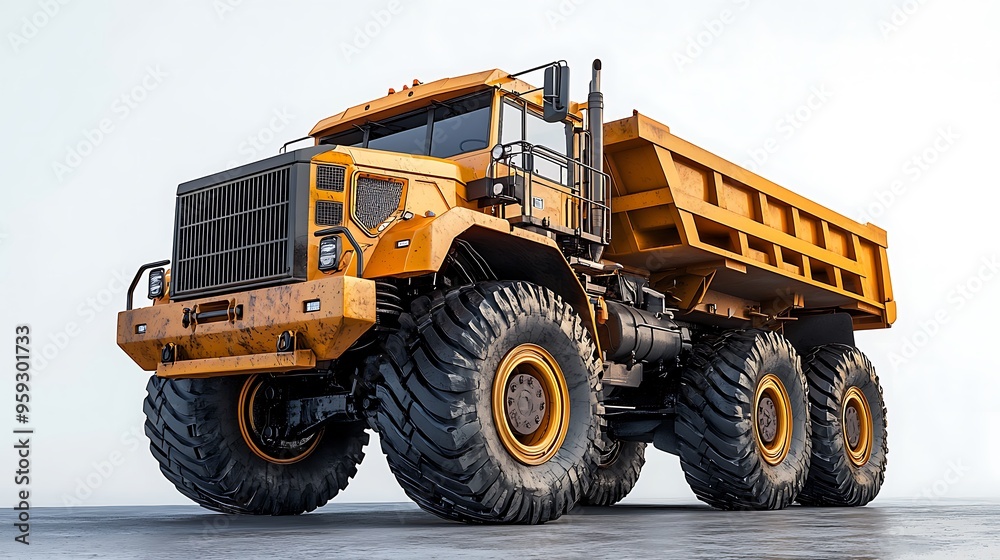 A yellow dump truck with large tires, isolated on white, designed for rugged, heavy-duty tasks. A yellow dump truck with large tires, isolated on white, designed for rugged, heavy-duty tasks.