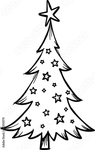 Christmas Tree Doodle Hand Drawn Vector Illustration Black and White silhouette with stars