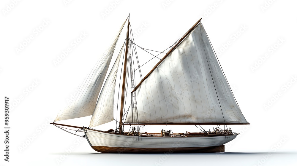 Obraz premium A classic wooden sailing yacht, isolated on a white background, showcasing its elegant design.