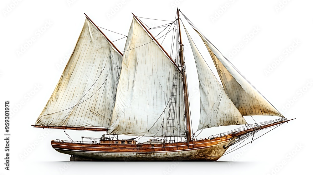 Obraz premium A wooden sailboat isolated on white, embodying the charm of traditional sailing vessels.
