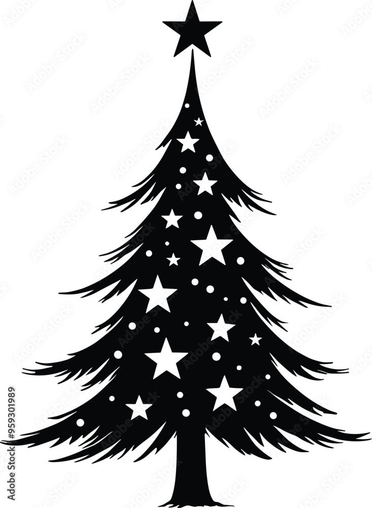 Obraz premium Christmas Tree Doodle Hand Drawn Vector Illustration Black and White silhouette with stars