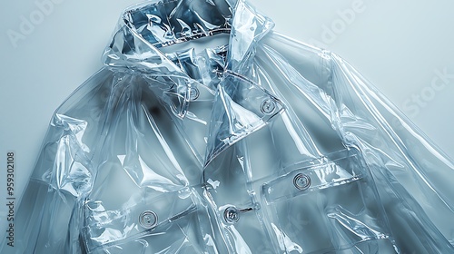 A transparent raincoat with buttons shown up close, capturing the sleek simplicity of its design.
