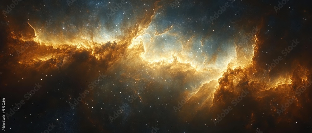 Fototapeta premium A Golden Nebula with Scattered Stars in a Dark Cosmic Background