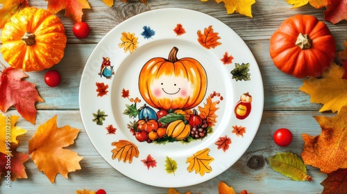 White Plate Decorated with Autumn Leaves and Pumpkins