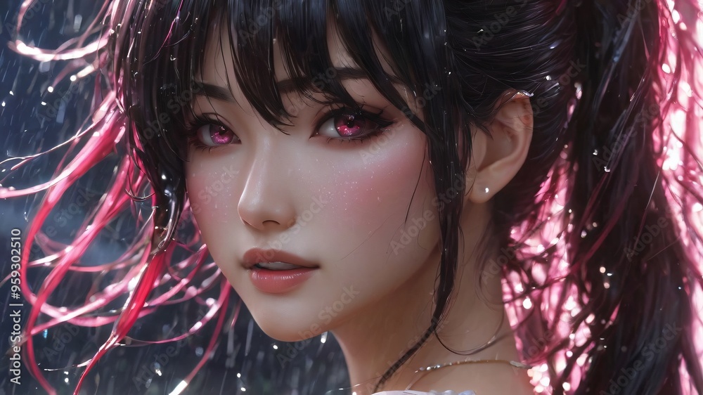 semi realistic artwork close up beautiful japanese or asian women under the rains and snow with cool background semi realistic artwork close up beautiful japanese or asian women under the rains and snow with cool background