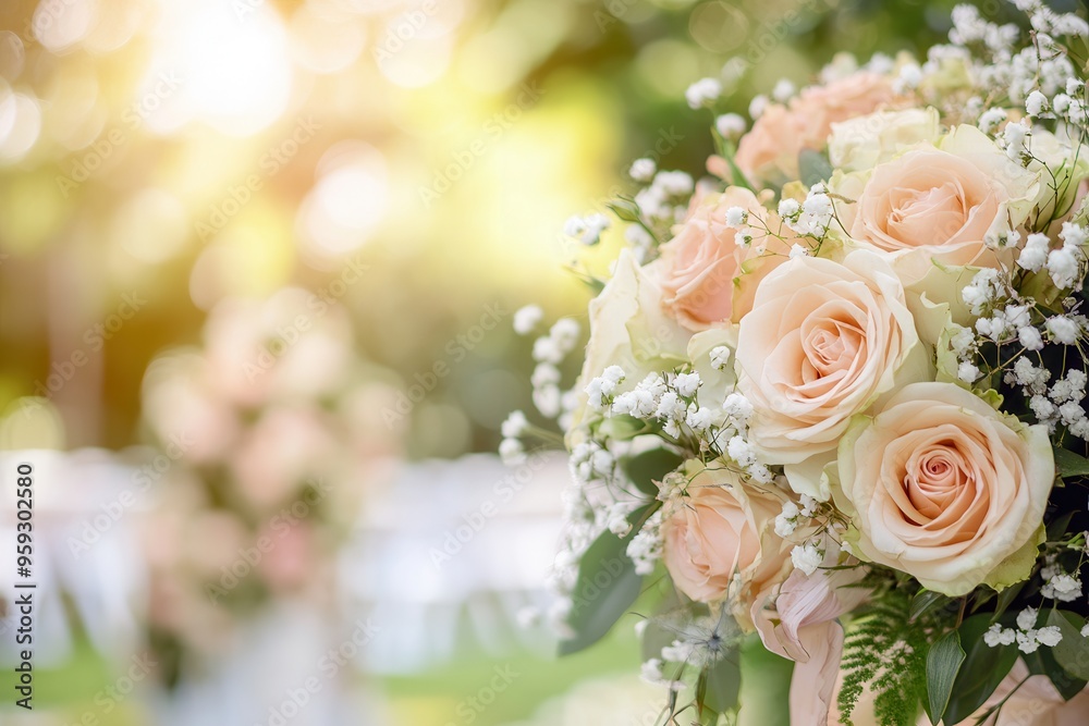 A stunning bridal bouquet of roses and lilies is showcased against a blurred backdrop of an outdoor wedding aisle, creating a romantic atmosphere. Generative AI A stunning bridal bouquet of roses and lilies is showcased against a blurred backdrop of an outdoor wedding aisle, creating a romantic atmosphere. Generative AI