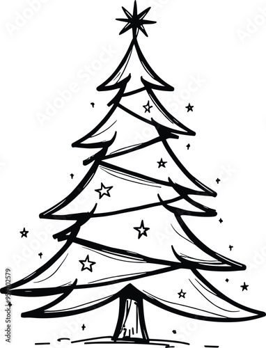 Christmas Tree Doodle Hand Drawn Vector Illustration Black and White silhouette with stars