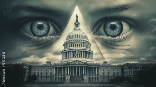 Conspiracy theorist watching the united states capitol building with suspicious eyes