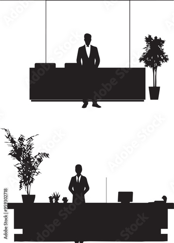 silhouette of a receptionist standing and greeting guests, framed by a contemporary lobby setting, highlighting the welcoming atmosphere vector icon