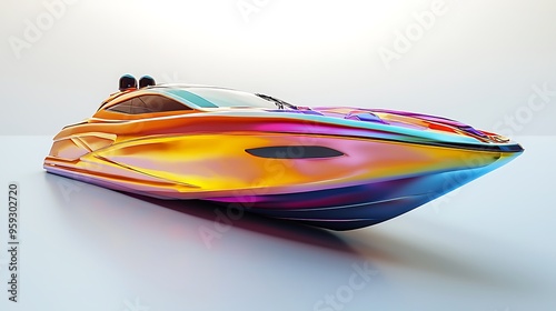 A modern luxury yacht with a rainbow chrome finish, shining vibrantly against the sea.