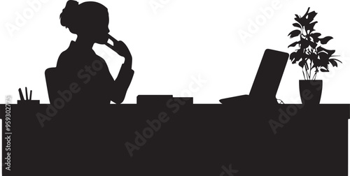 Silhouette of a receptionist answering a phone at their desk, vector icon