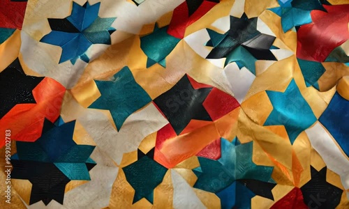 Vibrant quilt with geometric star patterns, vibrant colors, and intricate fabric textures