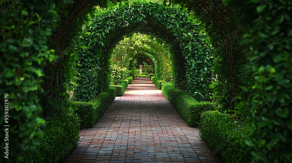 Obraz premium A brick pathway winding through a lush green archway garden, offering a serene and inviting walk.
