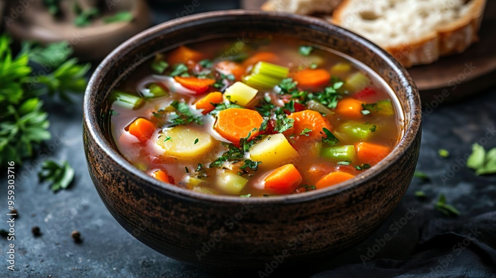 Fresh vegetable soup in rustic bowl rich broth and herbs Fresh vegetable soup in rustic bowl rich broth and herbs
