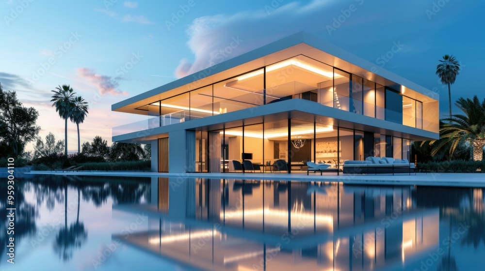 Fototapeta premium Serene Luxury House with Pool, Evening Reflections