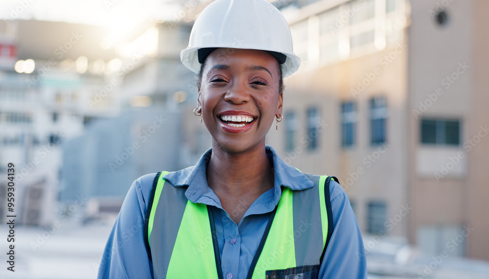 Construction worker, rooftop and black woman portrait with architect and happy from success. Architecture, civil engineering and smile in city with quality and safety inspection work in Brazil Construction worker, rooftop and black woman portrait with architect and happy from success. Architecture, civil engineering and smile in city with quality and safety inspection work in Brazil