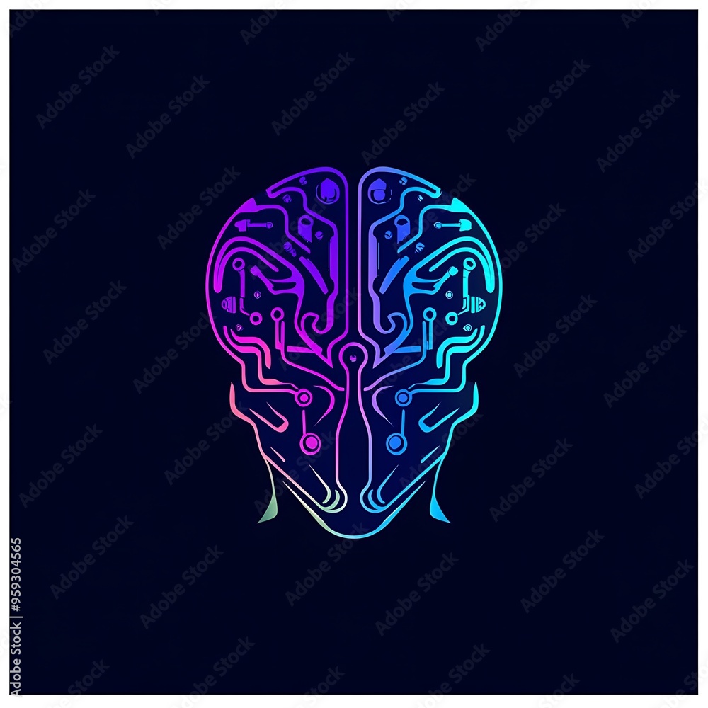 Neon Brain Circuitry Outline on Black Background Neon Brain Circuitry Outline on Black Background