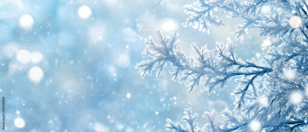 Frost-covered branches sparkle in the soft light against a dreamy blue winter background, evoking a serene and festive atmosphere. Frost-covered branches sparkle in the soft light against a dreamy blue winter background, evoking a serene and festive atmosphere.
