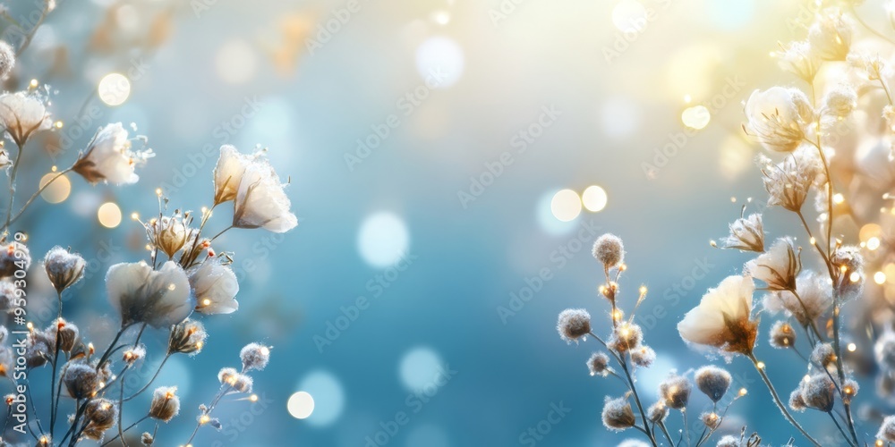 Fototapeta premium Frosted winter flowers with bokeh lights in a peaceful blue and golden glow